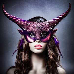 Krampus Horn Lace Animal Devil Women Mask - Purple